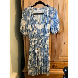 Current Air Los Angeles | Toile Chiffon Blue & White Puff Sleeve Mini Dress | XS